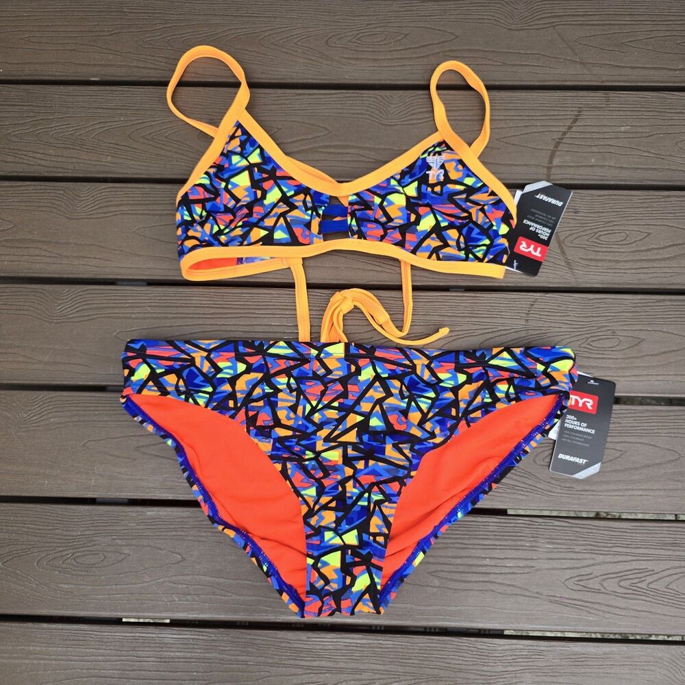 TYR Womens  Costa Mesa Crosscutfit Tie Orange/multi Workout Bikini Sz XL New